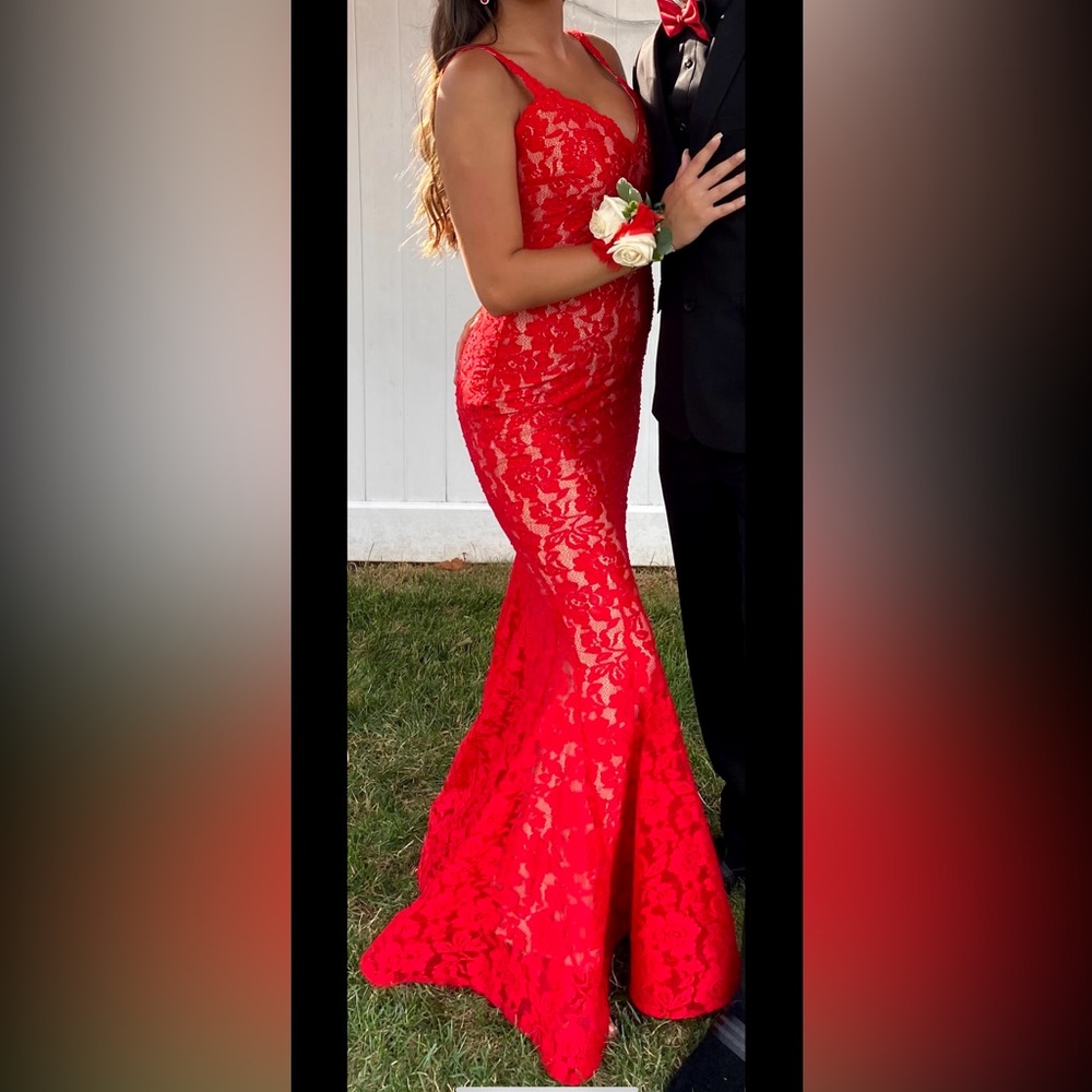Red lace bedazzled prom dress